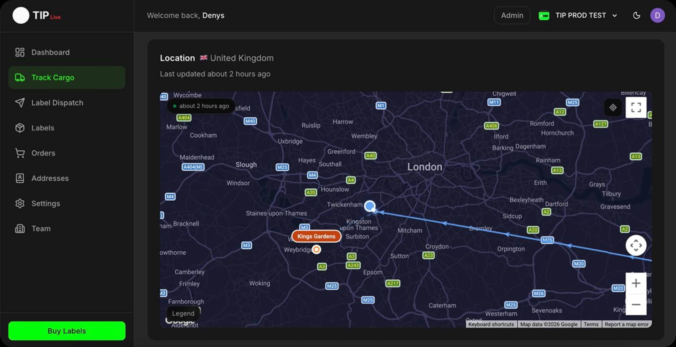 TIP dashboard showing shipments on a world map
